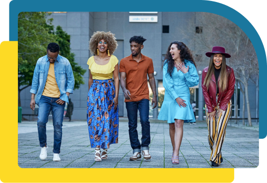 A group of friends walking and laughing together