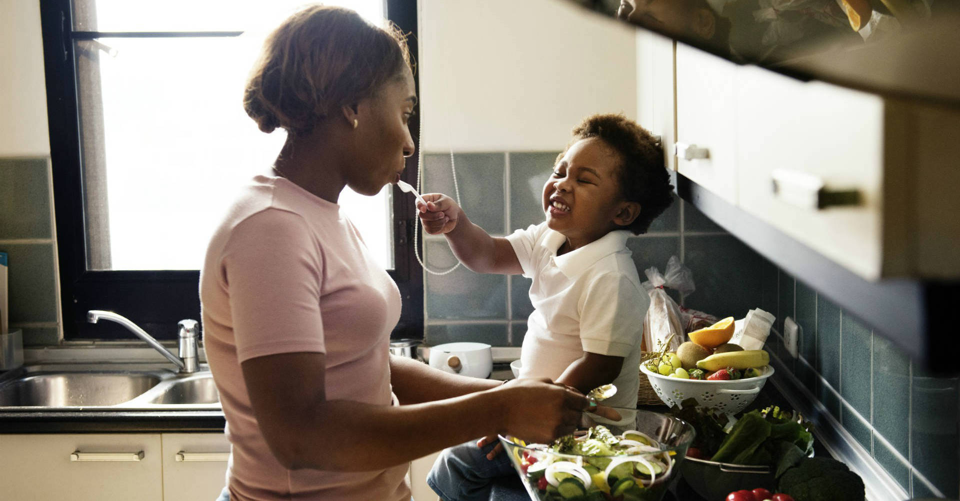 mother and child in kitchen