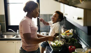 mother and child in kitchen