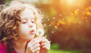 Little girl blowing on dandelion flower