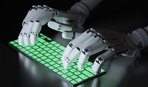 robotic hands typing on keyboard